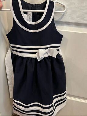Girls Bonnie Jean Navy Dress with White Bow and Trim